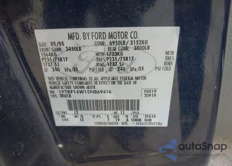 2005 Ford F-150 Stx/Xl/Xlt из США, поврежденный, VIN 1FTRF14W15NB69416